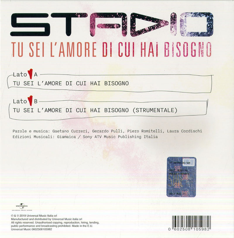 Stadio - Tu Sei L'Amore Di Cui Hai Bisogno (7" Vinile Rosso Limited Edt.) Vinile LP - Vinyl record 0602508105982