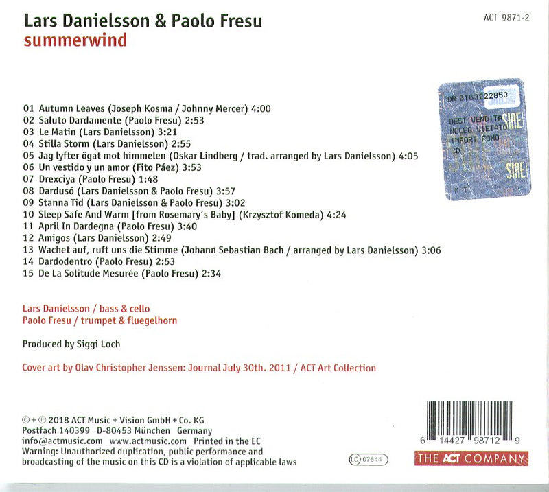 Fresu Paolo & Danielsson Lars - Summerwind Cd 0614427987129