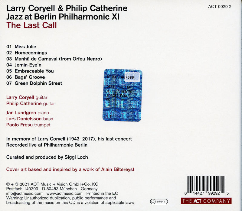 Coryell Larry & Catherine Philip - Jazz At Berlin Philharmonic Xi The Last Call (Digipack) Cd 0614427992925