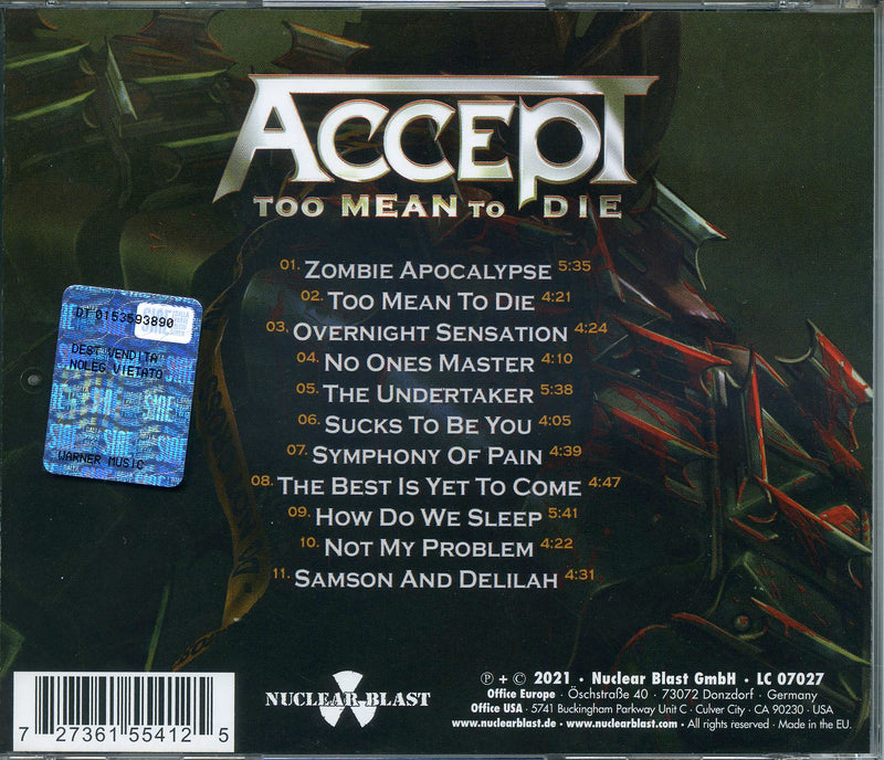 Accept - Too Mean To Die Cd 0727361554125