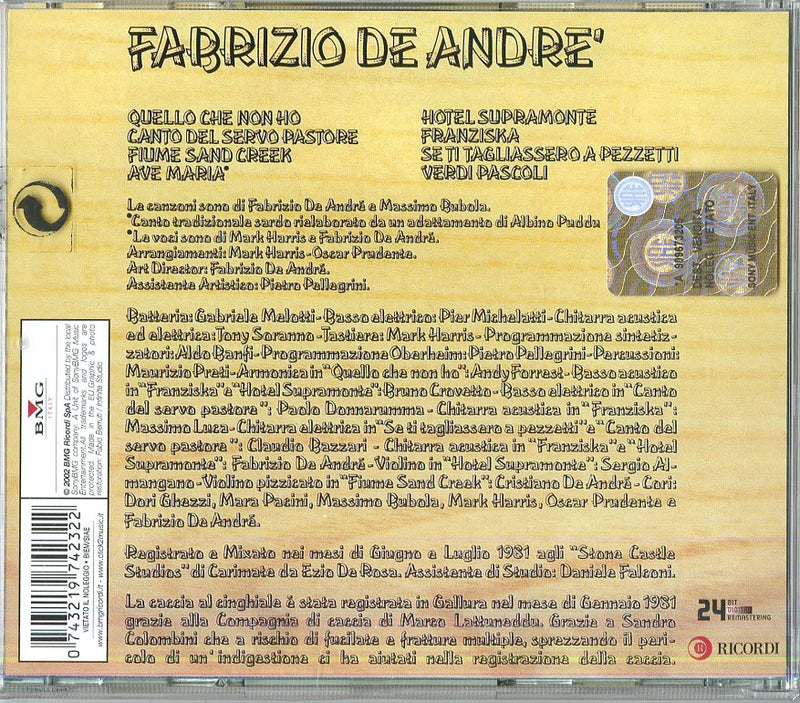 De Andre' Fabrizio - Fabrizio De Andre' (Indiano) Cd 0743219742322