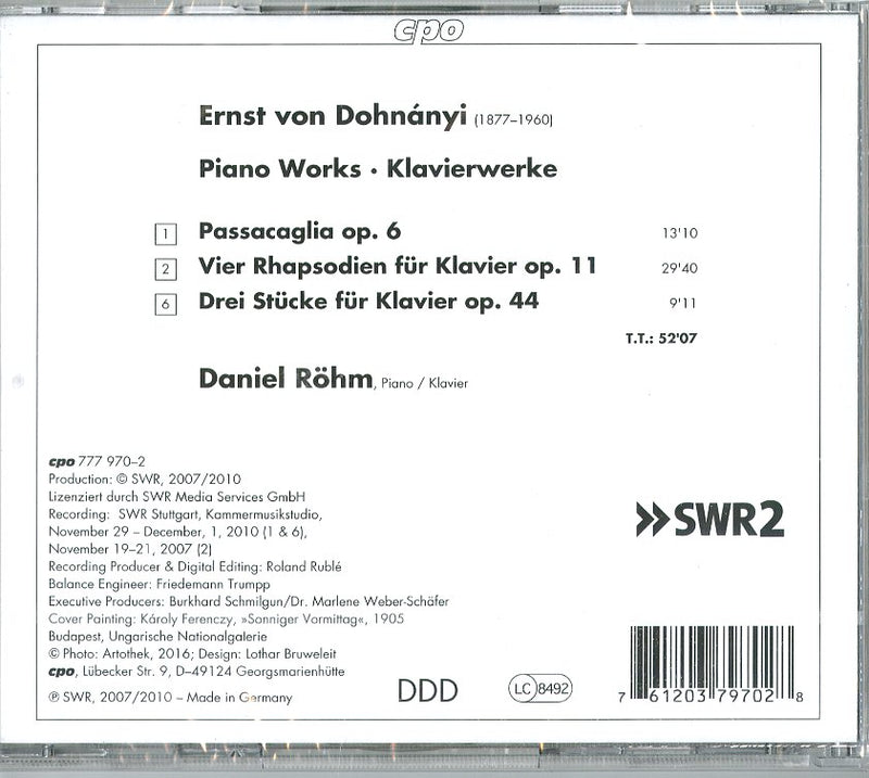 Daniel Rohm (Piano) - Dohnanyi: Opere Per Piano (Passacaglia Op.6,4 Rapsodie Op.11... Cd 0761203797028