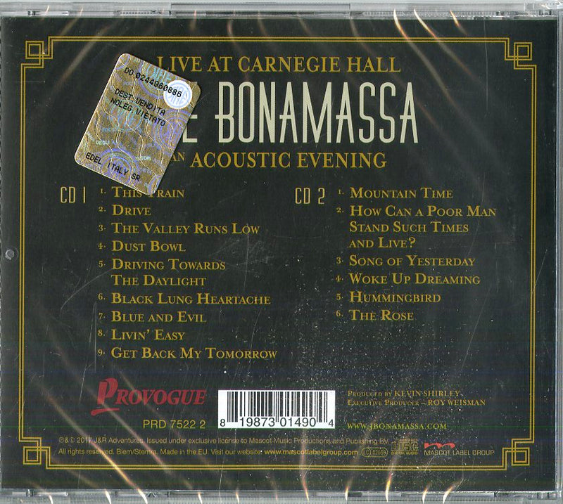 Bonamassa Joe - Live At Carnegie Hall An Acoustic Evening Cd 0819873014904