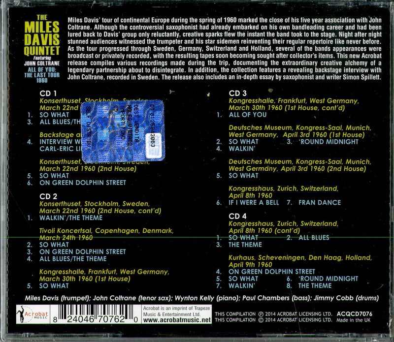 Davis Miles Quintet( Feat. John Coltrane) - All Of You The Last Tour 1960 (Box 4 Cd) CD 0824046707620
