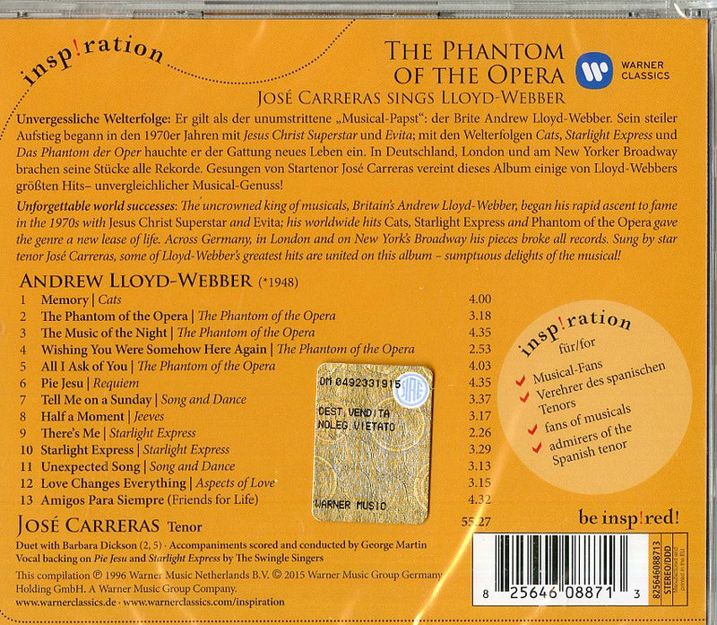 JosÃ© Carreras (Tenore) - Phantom Of The Opera (Il Fantasma Dell'Opera) Cd 0825646088713