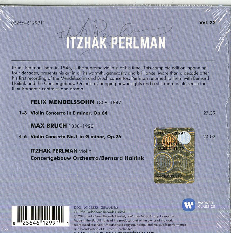 Perlman Itzhak( Violino), Concertgebouw Orchestra, Bernard Haitink( Direttore) - Concerti Per Violino (Violin Concerto In E Minor, Op. 64,No. 1 In G Minor,Op.26) CD 0825646129911