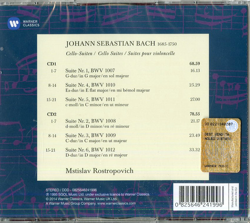 Rostropovic Mstislav( Violoncello) - Cello Suites Nos.1-6,Bwv1007-1012 (6 Suites Per Violoncello Solo) Cd 0825646241996