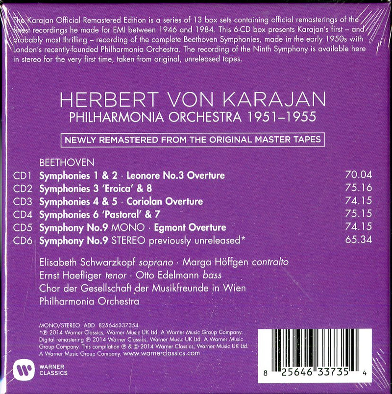 Karajan Herbert Von( Direttore), Elisabeth Schwarzkopf( Soprano) - Symphonies & Overtures (Box6Cd)(Le 9 Sinfonie Complete,Overture Coriolano.. Cd 0825646337354