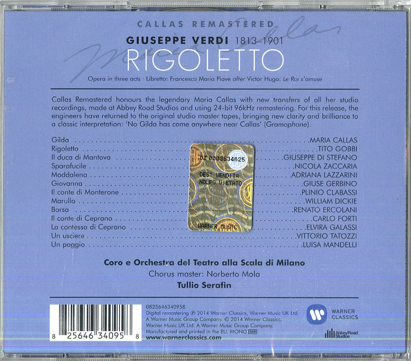 Callas Maria( Soprano), Gobbi, Di Stefano - Rigoletto Cd 0825646340958