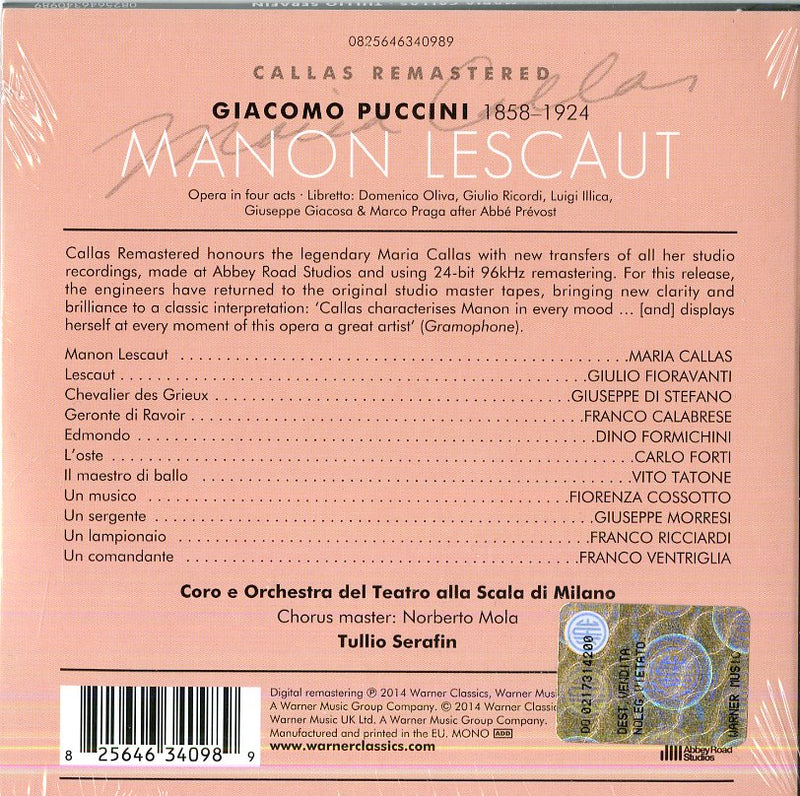 Callas Maria( Soprano), Fioravanti, Serafin - Manon Lescaut (Dgp) Cd 0825646340989