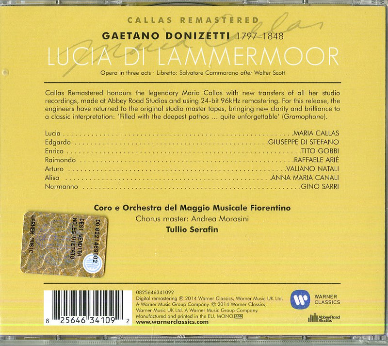 Callas( Soprano), Di Stefano( Tenore), Serafin( Direttore) - Lucia Di Lammermoor (Maria Callas 2014) CD 0825646341092