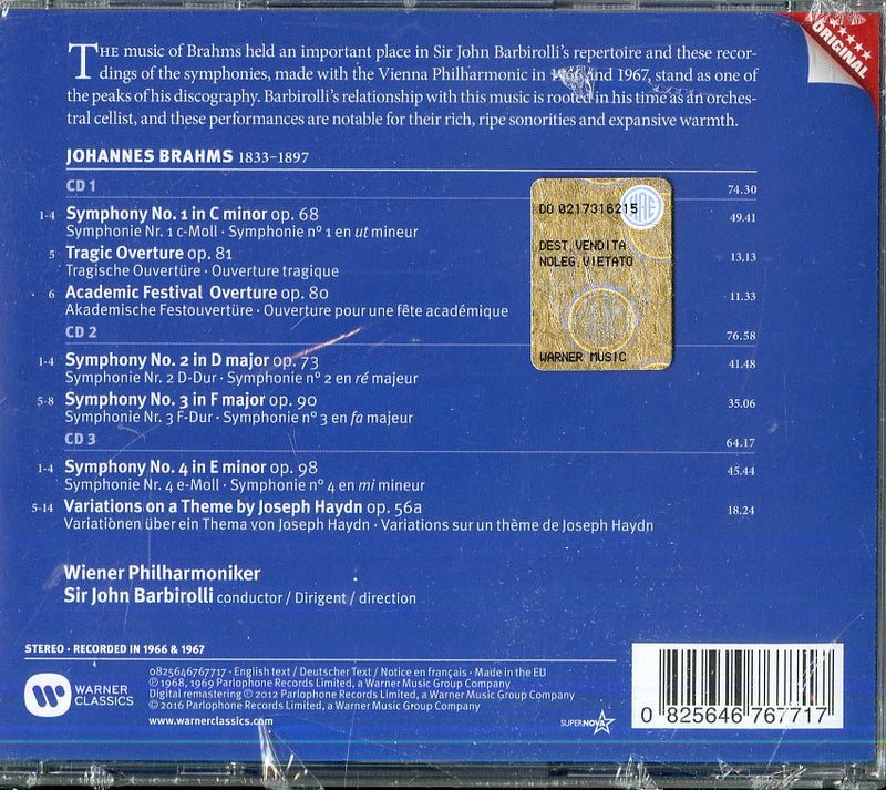 Sir John Barbirolli( Direttore) - Symphonies 1-4 (Le Quattro Sinfonie)(Box3Cd) Cd 0825646767717