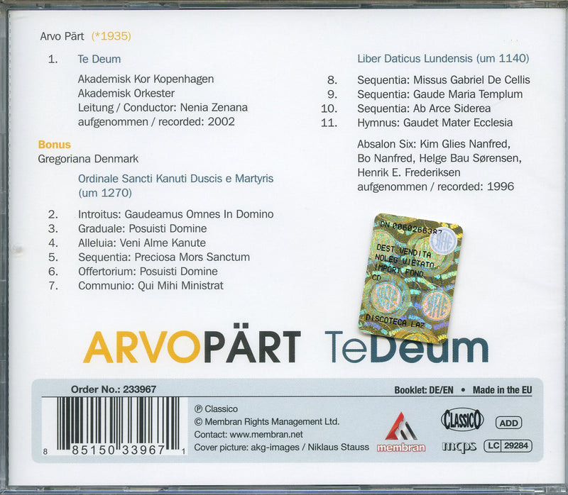Part Arvo - Te Deum (1996) Cd 0885150339671