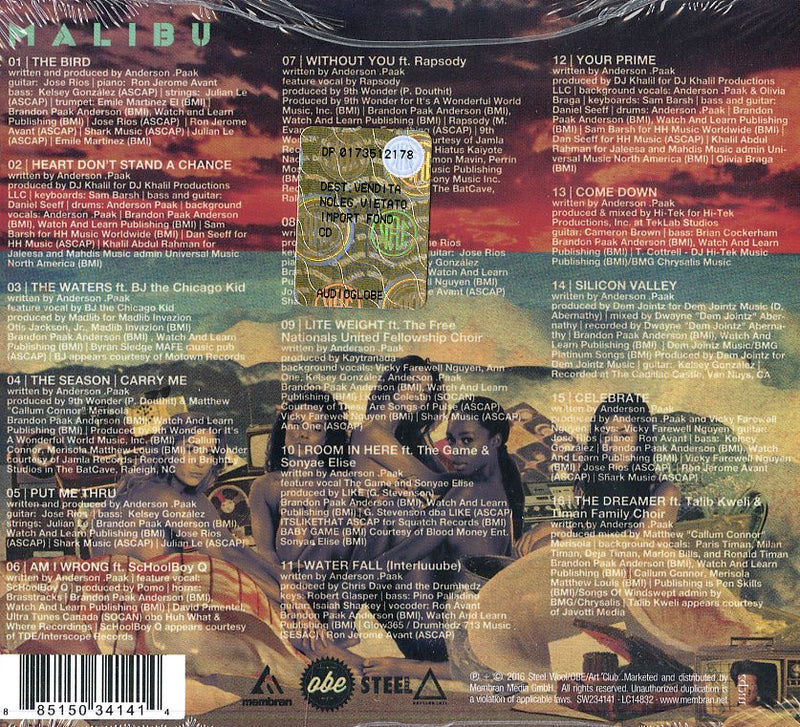Paak Anderson - Malibu Cd 0885150341414