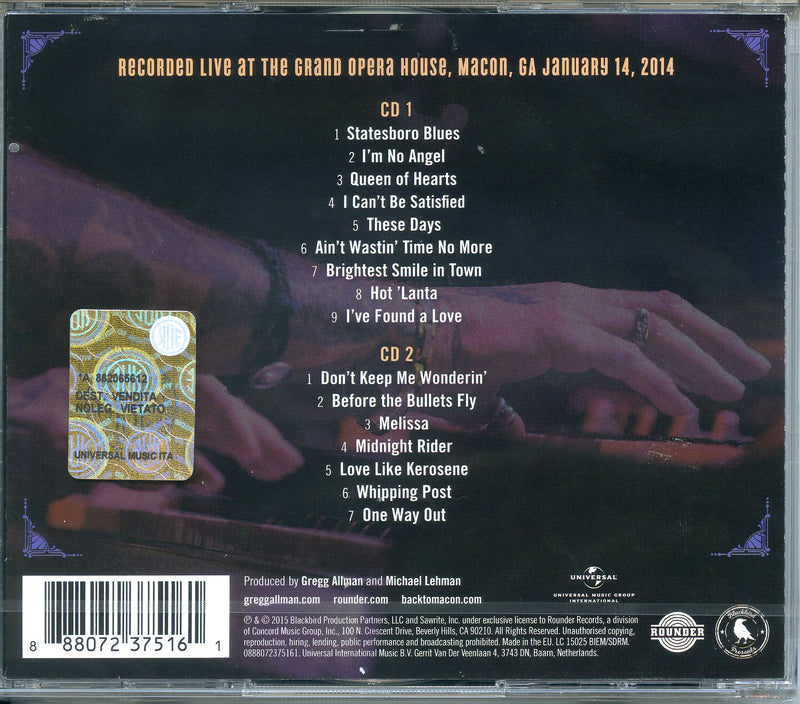 Allman Gregg - Back To Macon Cd 0888072375161