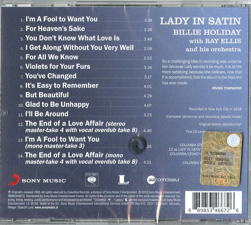 Holiday Billie - Lady In Satin Cd 0889853466726