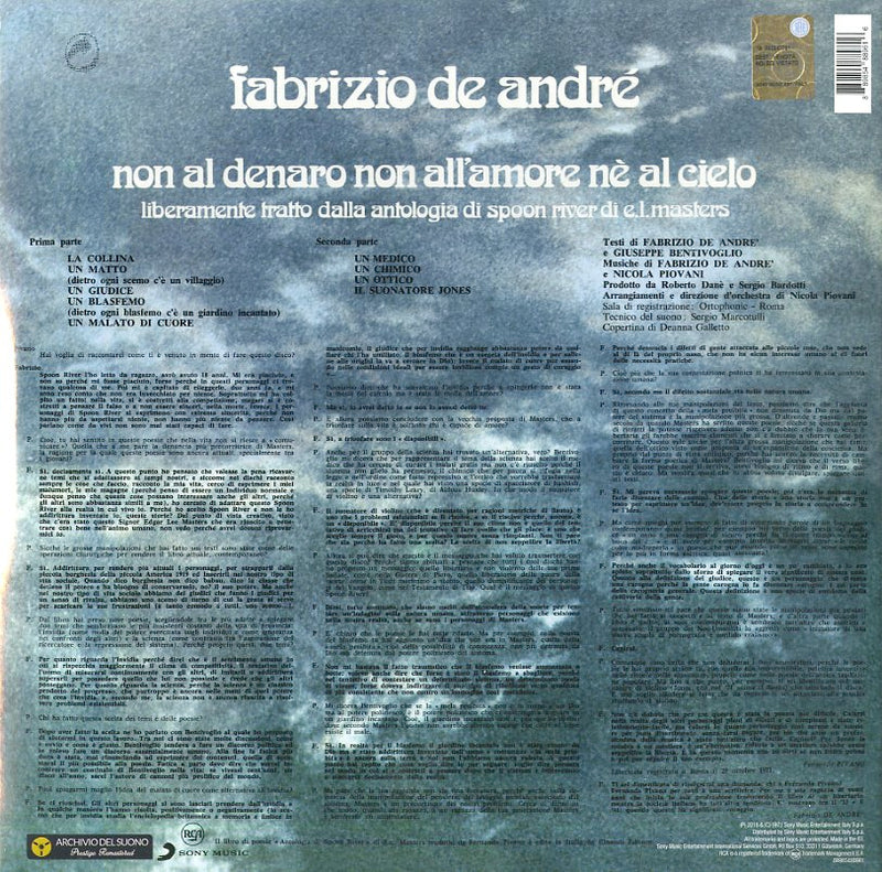 De Andre' Fabrizio - Non Al Denaro, Non All'Amore, Ne Al Cielo (180 Gr. Gatefold Sleeve + Printed..) Lp 0889854889616