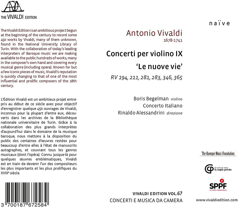 Vivaldi - Vivaldi Concerti Per Violino Ix Le Nuove Vie Cd 3700187672584