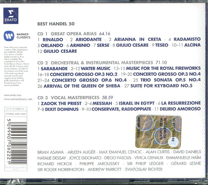 Sviatoslav Richter, Dessay Natalie, Didonato, Joyce, Philippe Jaroussky, - 50 Best Handel (Box3Cd)(Sarabande,Water Music,Concerto Grosso Op.3 No.2... Cd 5099907082221