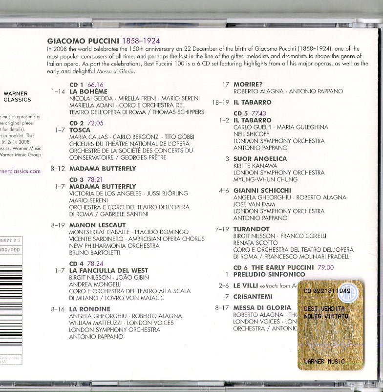 Corelli, Scotto, Gobbi, Bergonzi, Callas, Guelfi, Guleghina, Pappano, - Best Puccini 100 (Box6Cd) CD 5099923667723