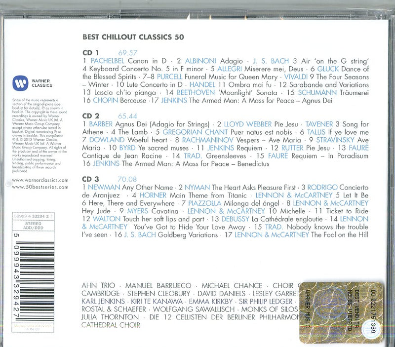Compilation - 50 Best Chillout Classics (Box3Cd)(Agnus Dei,Lascia Ch'Io Pianga,Berceuse... Cd 5099943329427