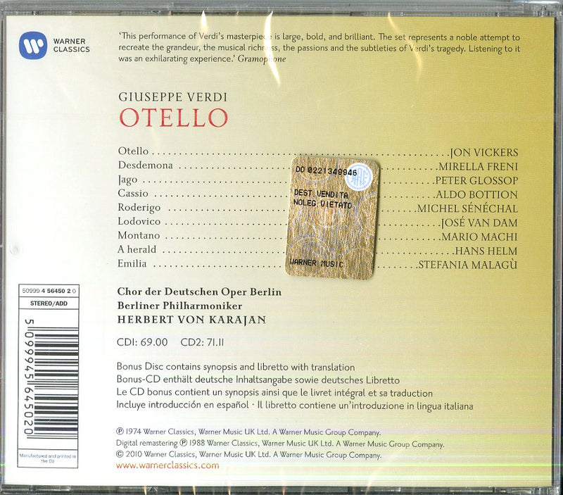 Karajan Herbert Von( Direttore), Jon Vickers, Mirella Freni - Otello (Opera Completa) Cd 5099945645020