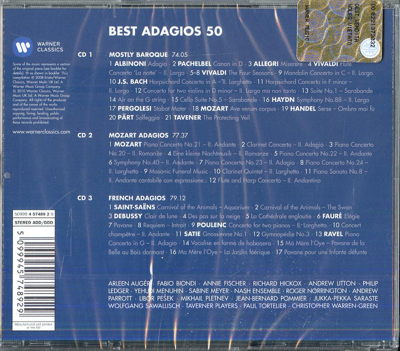 Pletnev, Auger, Biondi, Anne Fischer, Wolfgang Savallisch, Andrew Parrott, - 50 Best Adagios (Box3Cd)(Canon In C,Miserere,Aria Sulla 4 Corda,Gnossienne No.1 Cd 5099945748929