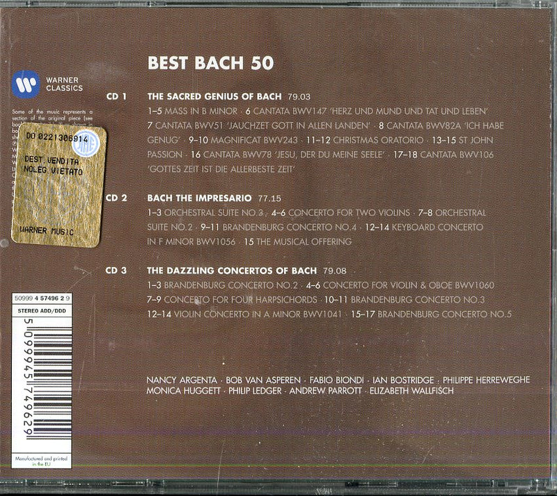 Biondi Fabio, Nancy Argenta, Bob Von Asperen, Ian Bostridge, Monica Huggett - 50 Best Bach (Box3Cd)(Messa In B Min.,Magnificat,Cantata Bwv147,Bwv82A,Bwv243 CD 5099945749629