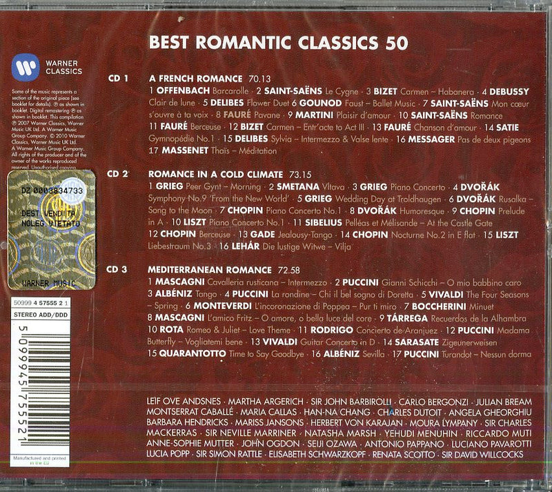 Leif Ove Andsnes, Argerich, Barbirolli, Pappano, Scotto, Pavarotti, Ozawa, Muti, - 50 Best Romantic Classics (Box3Cd)(Barcarolle,Chiaro Di Luna,Gymnopedie No.1.. Cd 5099945755521