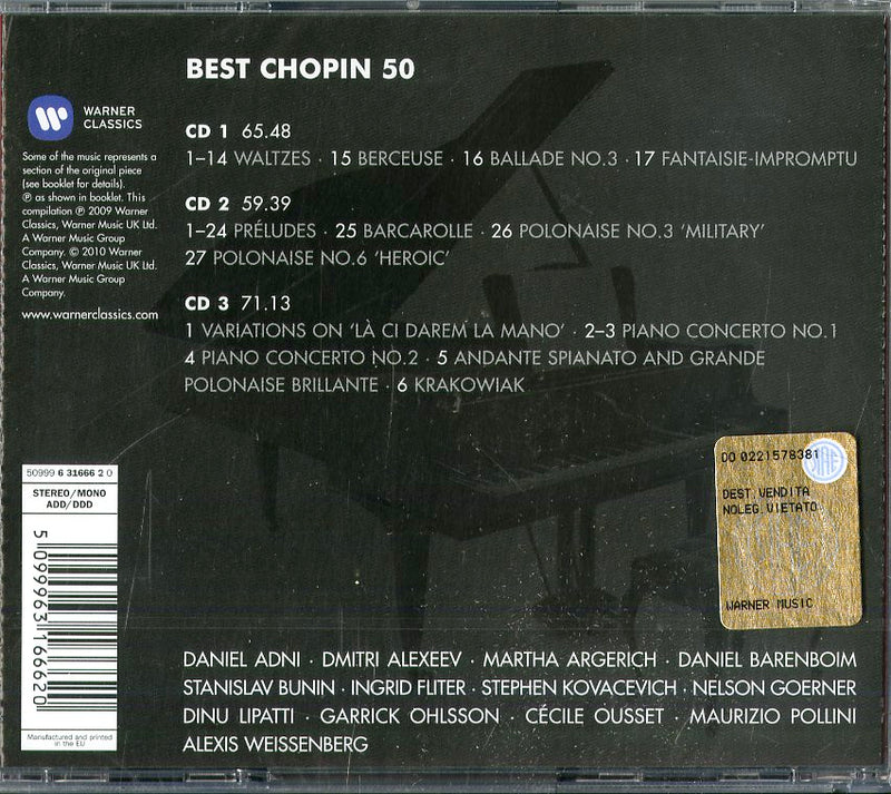 Martha Argerich, Maurizio Pollini, Daniel Baremboim, Dinu Lipatti, Daniel Adni, - Best Chopin 50 (Box3Cd) Cd 5099963166620