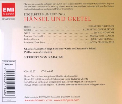 Karajan Herbert( Direttore), Elisabeth GrÃ¼mmer, Elisabeth Schwarzkopf - Hansel Und Gretel Cd 5099964071626