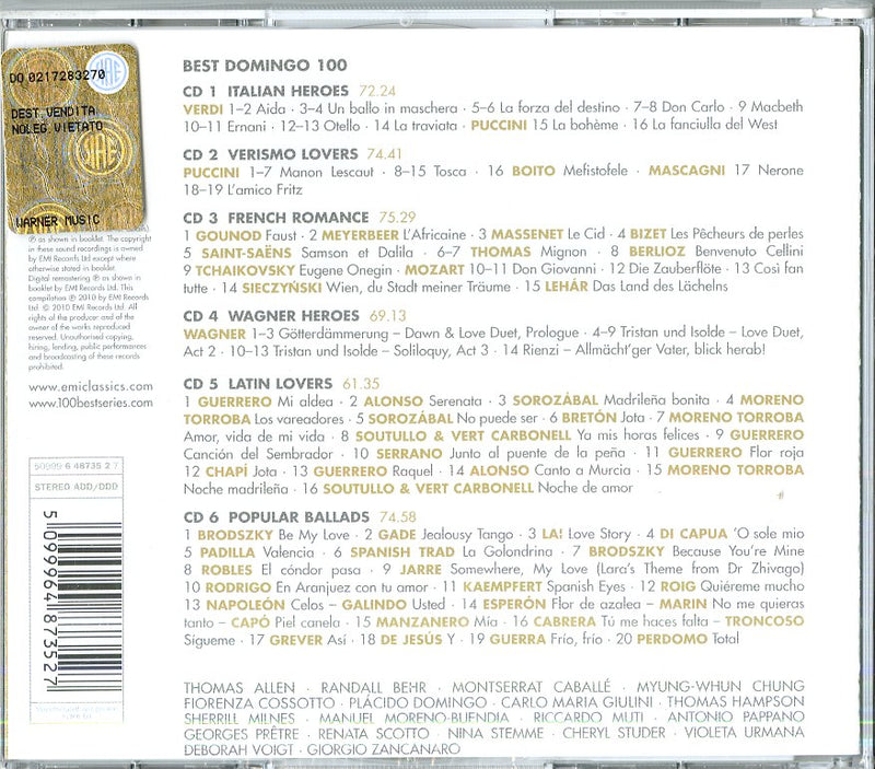 Placido Domingo( Tenore), Riccardo Muti( Direttore), Montserrat Caballe'( Soprano) - 100 Best Placido Domingo (Box6Cd) Cd 5099964873527