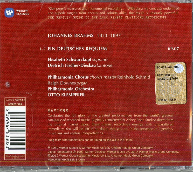 Klemperer Otto (Direttore) - Ein Deutsches Requiem, Op. 45 (Un Requiem Tedesco) Cd 5099967833023