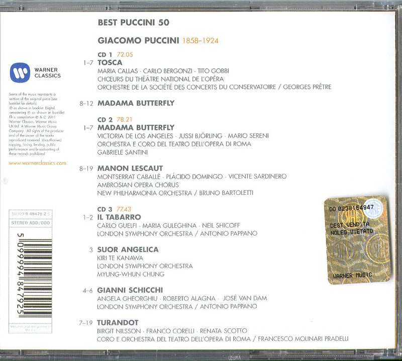 Corelli, Scotto, Gobbi, Bergonzi, Callas, Guelfi, Guleghina, Pappano, - 50 Best Puccini (Box3Cd) CD 5099994847925