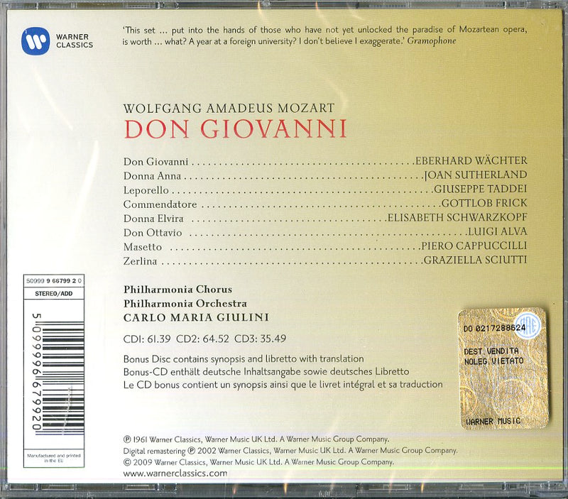 Giulini Carlo Maria( Direttore), Wachter, Sutherland, Scharzkopf - Don Giovanni Cd 5099996679920