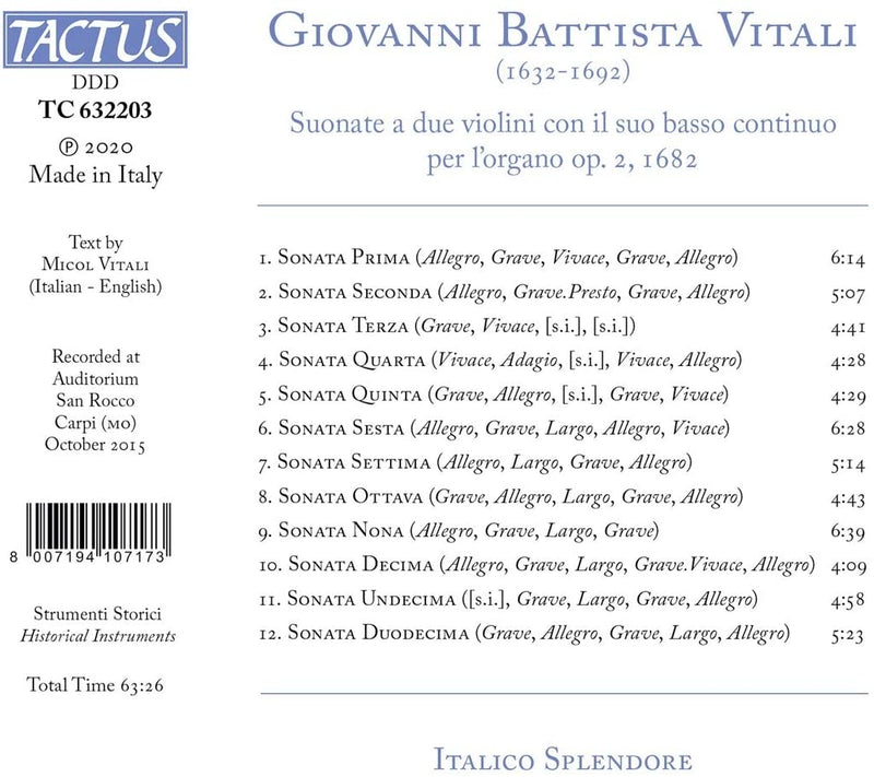 Italico Splendore - Suonate A Due Violini Op.2, 1682 CD 8007194107173