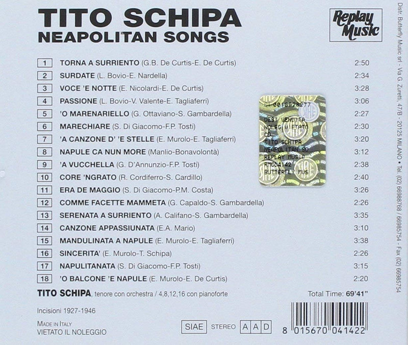 Schipa Tito - Neapolitan Songs CD 8015670041422