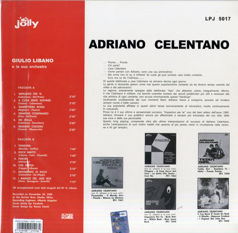 Celentano Adriano - Furore (180 Gr. Vinyl Blue Limited Edt.) Lp 8016158215182