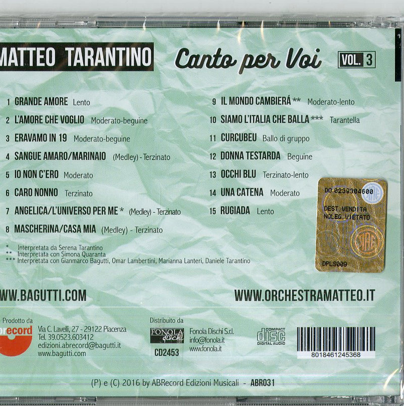 Tarantino Matteo - Canto Per Voi Vol.3 Cd 8018461245368