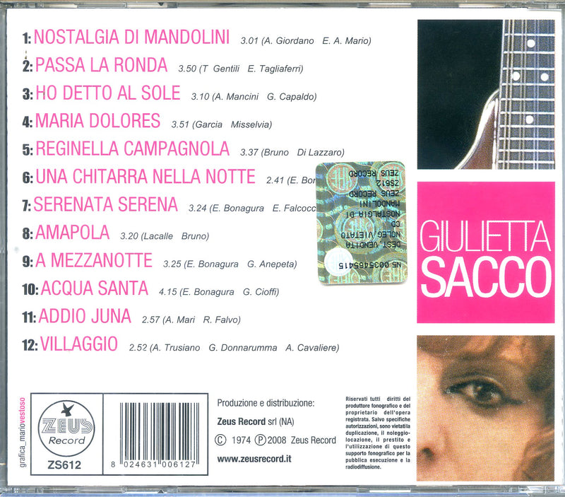 Sacco Giulietta - Nostalgia Di Mandolini Cd 8024631006127