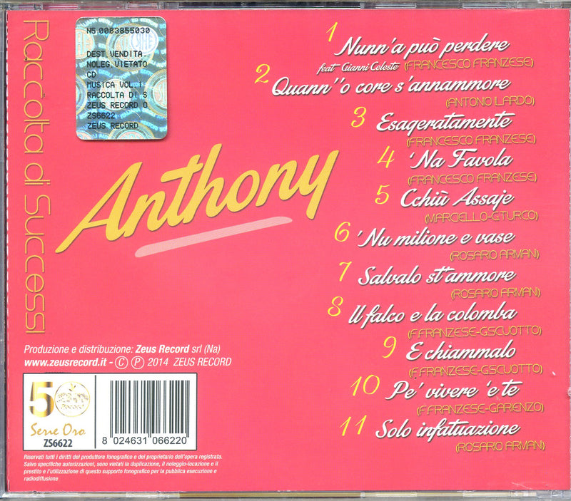 Anthony - Musica Vol.1 Raccolta Di Successi + 2 Inediti Cd 8024631066220