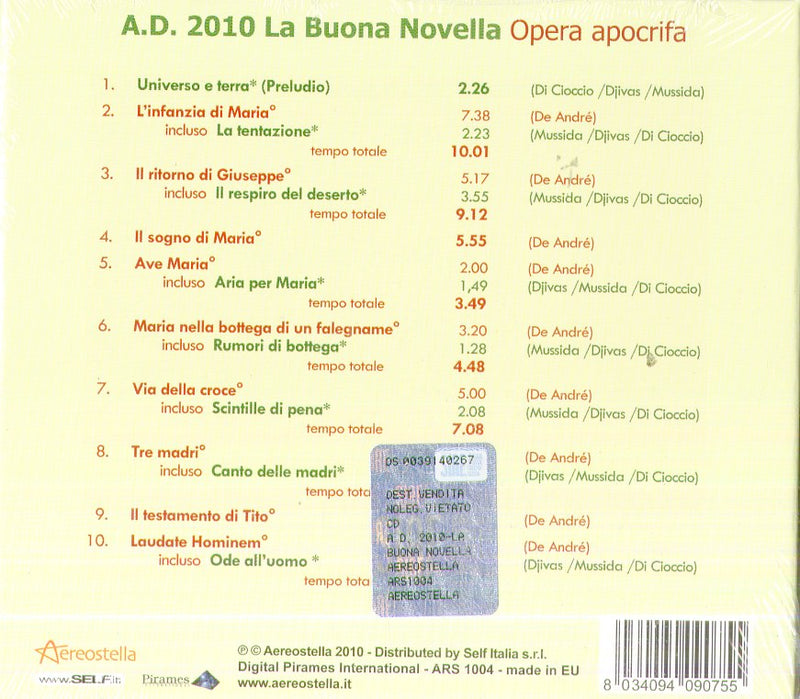 P. F. M. Premiata Forneria Marconi - A.D. 2010 La Buona Novella (Tributo A Fabrizio De Andre) Cd 8034094090755