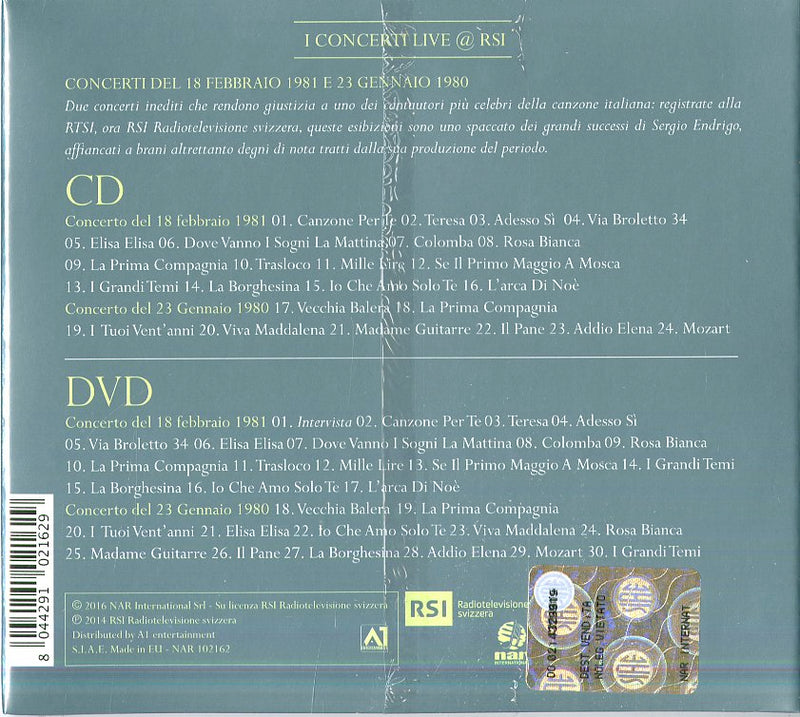 Endrigo Sergio - Live Collection 18 Febbraio 1981, 23 Gennaio 1980 (Cd+Dvd Digipack) Cd 8044291021629