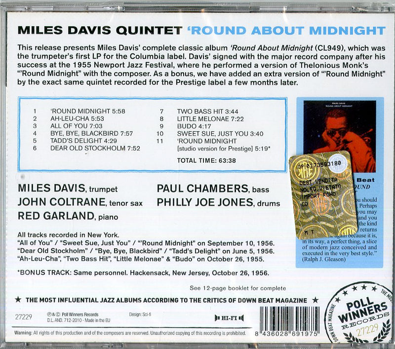 Davis Miles Quintet - Round About Midnight Cd 8436028691975