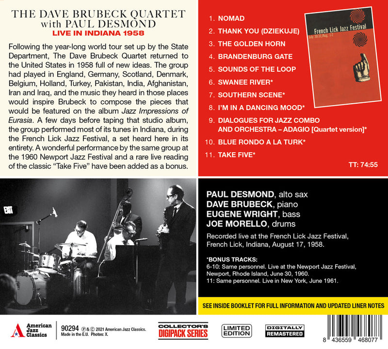 Brubeck Dave - Live In Indiana 1958 The Complete Session (Digipack) Cd 8436559468077