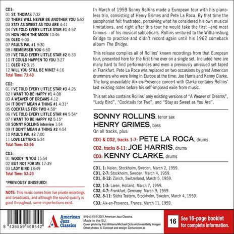 Rollins Sonny Trio - Live In Europe 1959 - Complete Recordings (Box 3 Cd) Cd 8436559468442