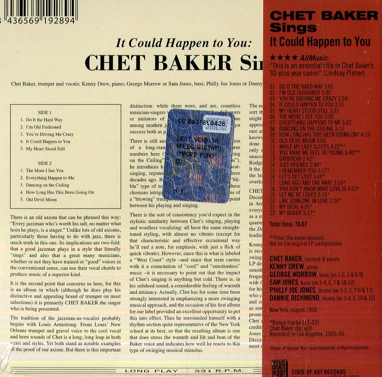 Baker Chet - Sings It Could Happen To You (+ 12 Bonus Tracks) Cd 8436569192894