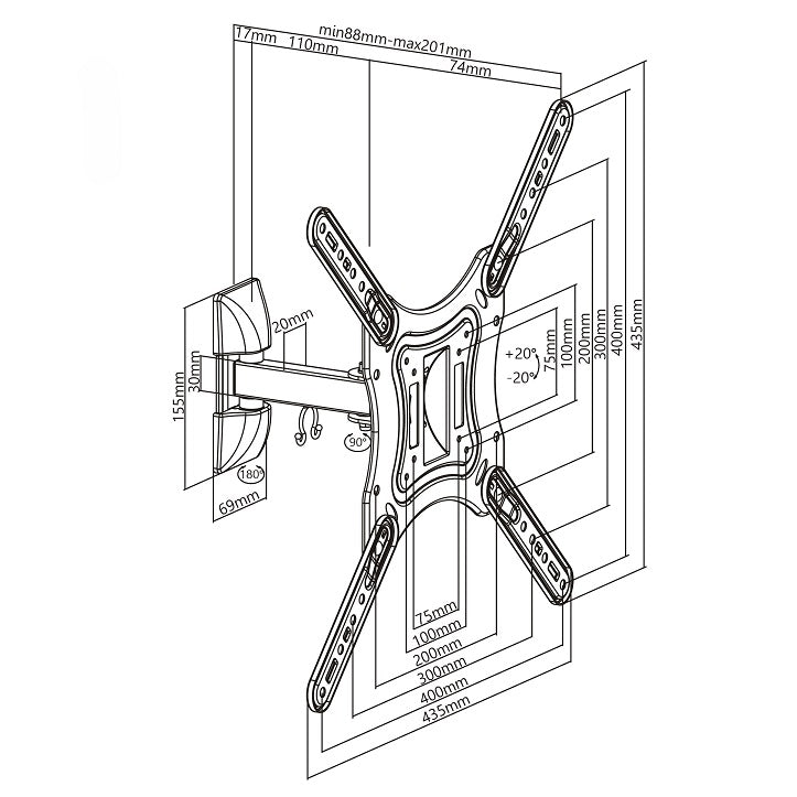 Supporto da parete inclinabile e orientabile con snodo per monitor con portata 30kg e VESA fino a 400x400mm, nero