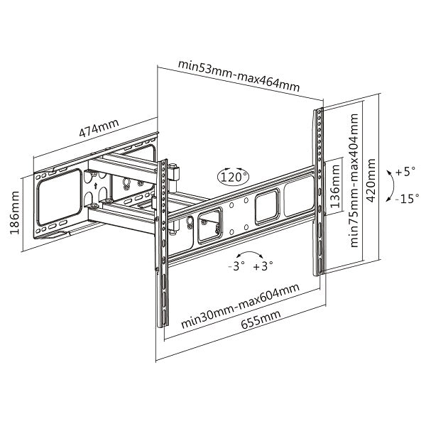 Supporto da parete inclinabile e orientabile con 2 snodi per monitor con portata 40kg e VESA fino a 600x400mm, nero