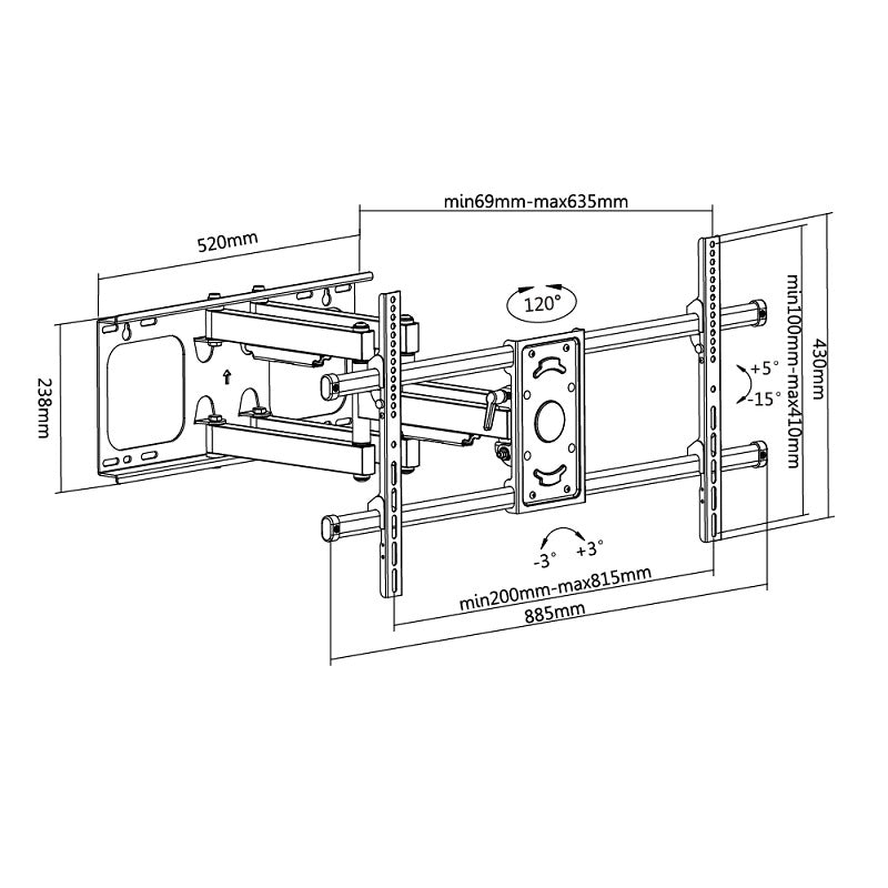 Supporto da parete inclinabile e orientabile con 4 snodi per monitor con portata 75kg e VESA fino a 800x400mm, nero